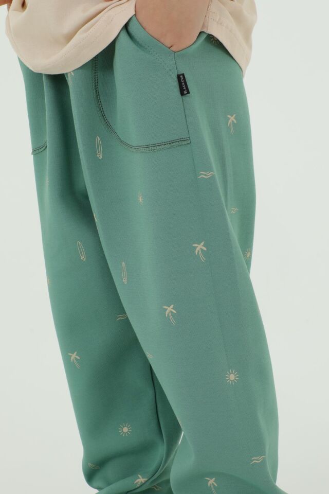 Bisiklet Yaka Baskı Detaylı Desenli Erkek Çocuk Eşofman Takımı BEJ - 5-6 Yaş