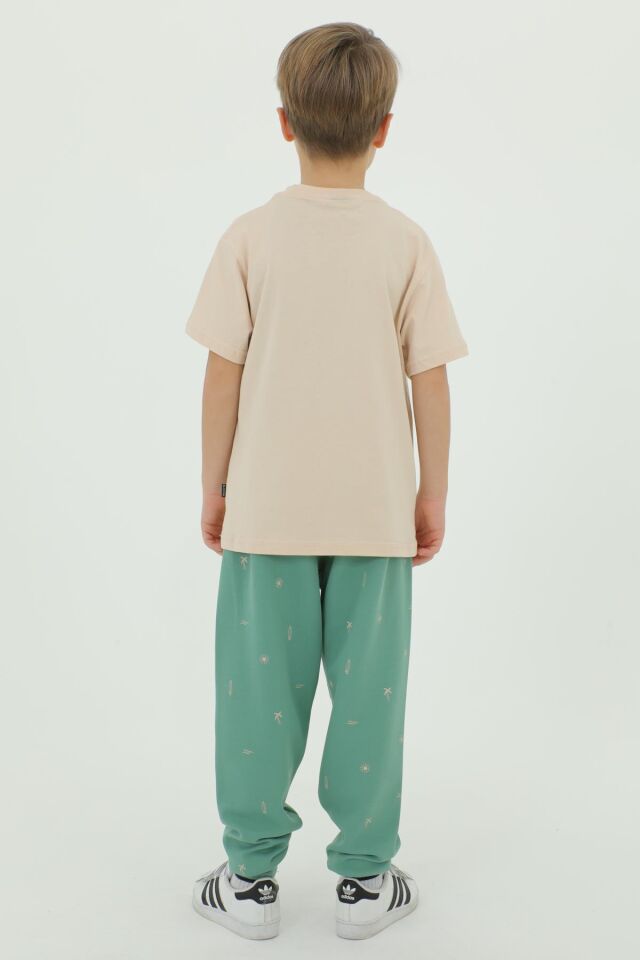 Bisiklet Yaka Baskı Detaylı Desenli Erkek Çocuk Eşofman Takımı BEJ - 5-6 Yaş