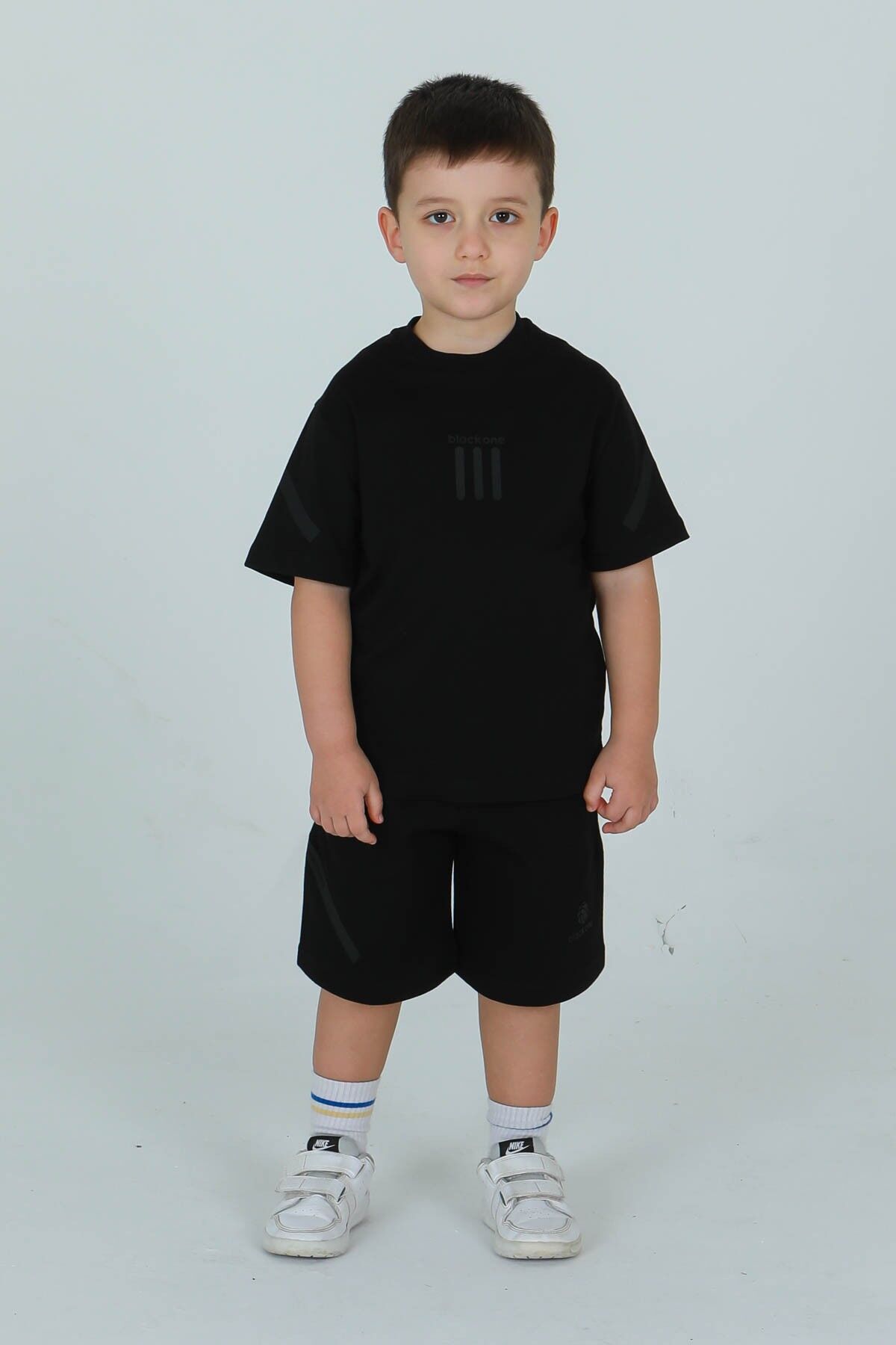 UNİSEX BİSİKLET YAKA ÇİZGİ BASKI DETAYLI TİŞÖRT AYARLANABİLİR BEL LASTİKLİ EŞOFMAN TAKIM