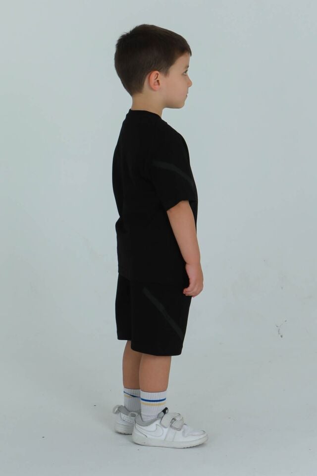 UNİSEX BİSİKLET YAKA ÇİZGİ BASKI DETAYLI TİŞÖRT AYARLANABİLİR BEL LASTİKLİ EŞOFMAN TAKIM