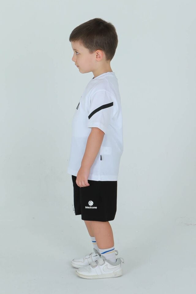 UNİSEX BİSİKLET YAKA ÇİZGİ BASKI DETAYLI TİŞÖRT AYARLANABİLİR BEL LASTİKLİ EŞOFMAN TAKIM