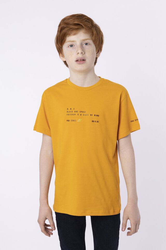 %100 PAMUK SÜPREM KUMAŞTAN ENJEKSİYON BASKILI ERKEK ÇOCUK T-SHIRT YAZLIK BİSİKLET YAKA BLACK ONE 8-9 Yaş - HARDAL