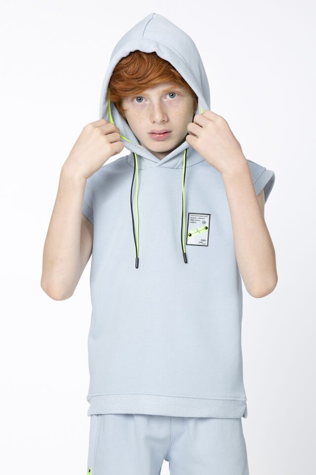 Kapüşonlu Kısa Kollu Kordon Detaylı Erkek Çocuk Alt Üst Takım 8-9 Yaş - SOLUK MAVİ