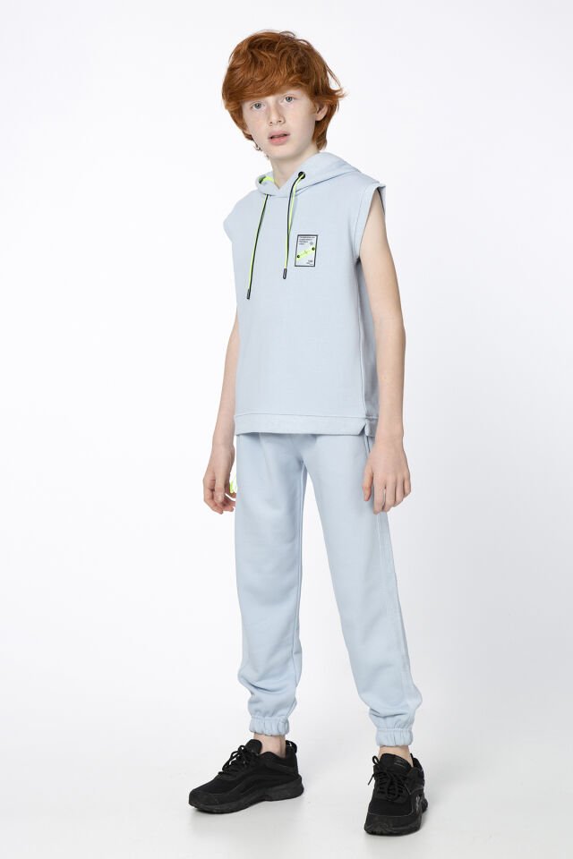 Kapüşonlu Kısa Kollu Kordon Detaylı Erkek Çocuk Alt Üst Takım 8-9 Yaş - SOLUK MAVİ
