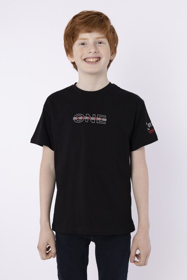 %100 PAMUK SÜPREM KUMAŞTAN ENJEKSİYON BASKILI ERKEK ÇOCUK T-SHIRT YAZLIK BİSİKLET YAKA BLACK ONE