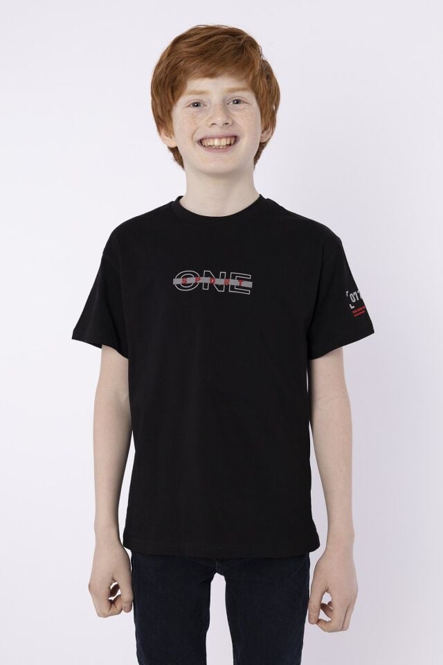 %100 PAMUK SÜPREM KUMAŞTAN ENJEKSİYON BASKILI ERKEK ÇOCUK T-SHIRT YAZLIK BİSİKLET YAKA BLACK ONE