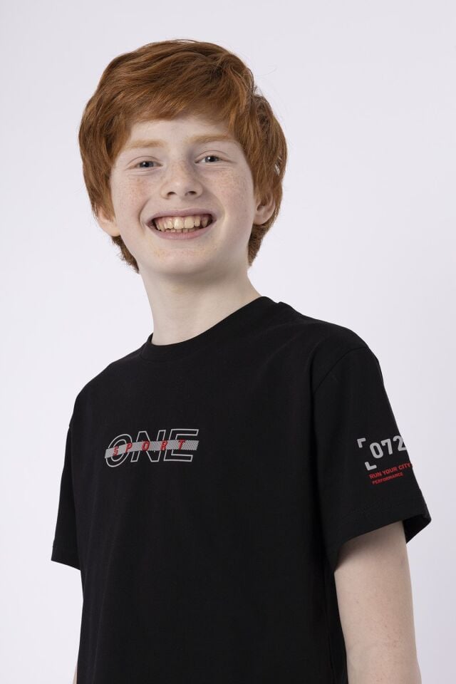 %100 PAMUK SÜPREM KUMAŞTAN ENJEKSİYON BASKILI ERKEK ÇOCUK T-SHIRT YAZLIK BİSİKLET YAKA BLACK ONE