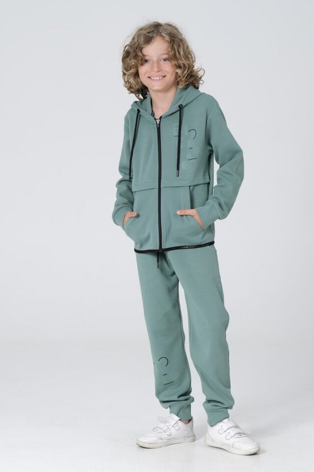 Black One Erkek Çocuk Pike Kumaş Fermuarlı Kapüşonlu Baskı Detaylı Çift Cep Eşofman Takımı