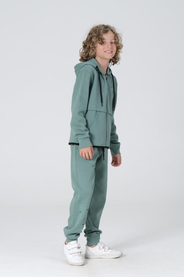 Black One Erkek Çocuk Pike Kumaş Fermuarlı Kapüşonlu Baskı Detaylı Çift Cep Eşofman Takımı