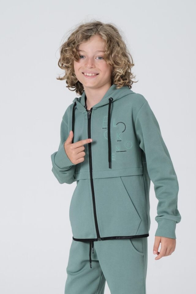 Black One Erkek Çocuk Pike Kumaş Fermuarlı Kapüşonlu Baskı Detaylı Çift Cep Eşofman Takımı