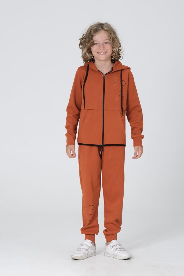 Black One Erkek Çocuk Pike Kumaş Fermuarlı Kapüşonlu Baskı Detaylı Çift Cep Eşofman Takımı