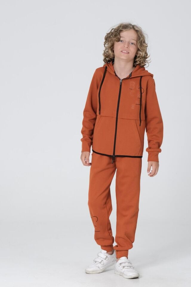 Black One Erkek Çocuk Pike Kumaş Fermuarlı Kapüşonlu Baskı Detaylı Çift Cep Eşofman Takımı