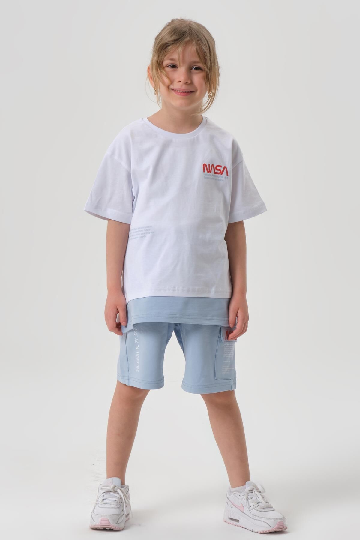 SÜPREM KUMAŞTAN YAZLIK BASKI DETAYLI CEPLİ KORDONLU KIZ ÇOCUK ALT ÜST TAKIM