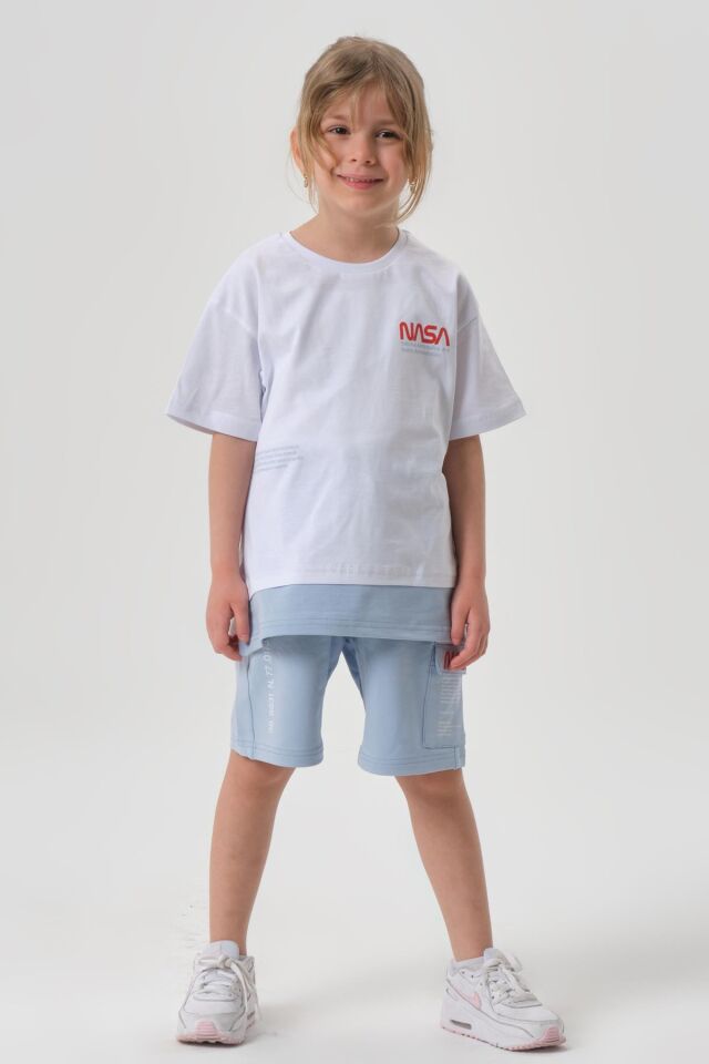 SÜPREM KUMAŞTAN YAZLIK BASKI DETAYLI CEPLİ KORDONLU KIZ ÇOCUK ALT ÜST TAKIM