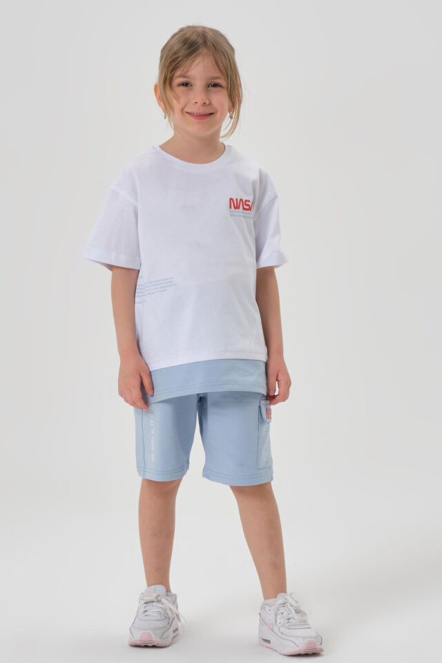 SÜPREM KUMAŞTAN YAZLIK BASKI DETAYLI CEPLİ KORDONLU KIZ ÇOCUK ALT ÜST TAKIM