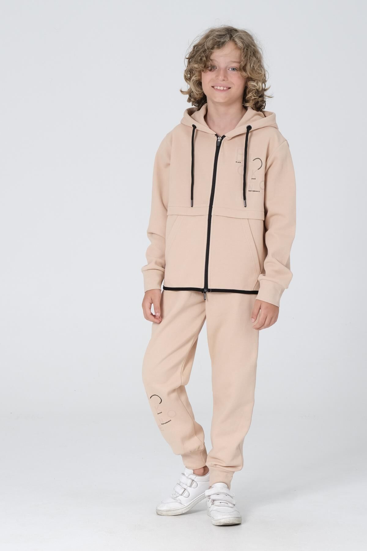 Black One Erkek Çocuk Pike Kumaş Fermuarlı Kapüşonlu Baskı Detaylı Çift Cep Eşofman Takımı 11-12 Yaş - BEJ