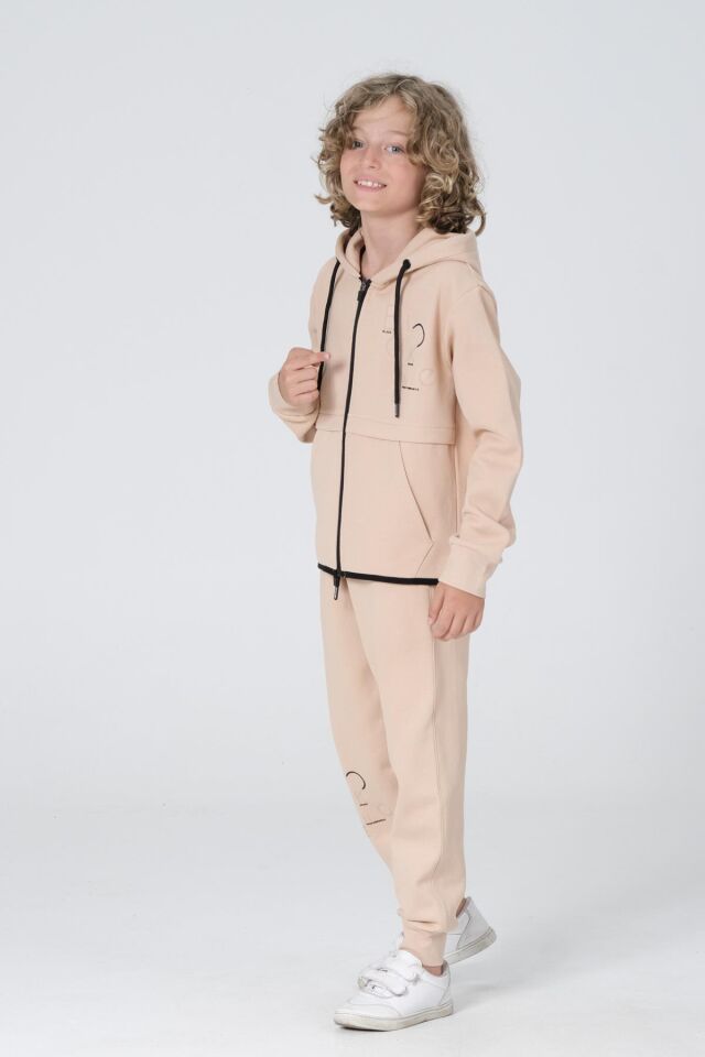 Black One Erkek Çocuk Pike Kumaş Fermuarlı Kapüşonlu Baskı Detaylı Çift Cep Eşofman Takımı 11-12 Yaş - BEJ