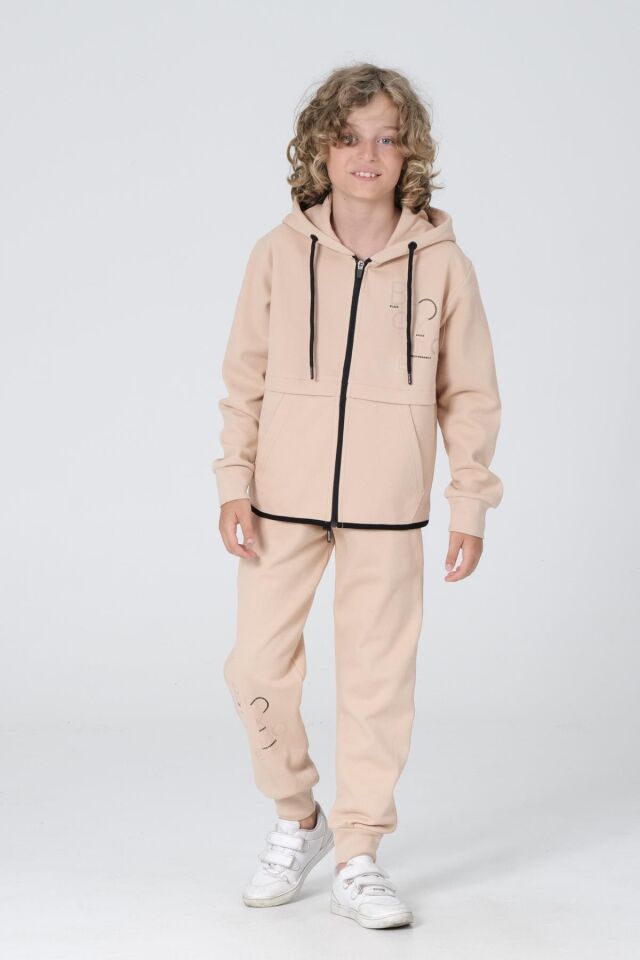 Black One Erkek Çocuk Pike Kumaş Fermuarlı Kapüşonlu Baskı Detaylı Çift Cep Eşofman Takımı 11-12 Yaş - BEJ