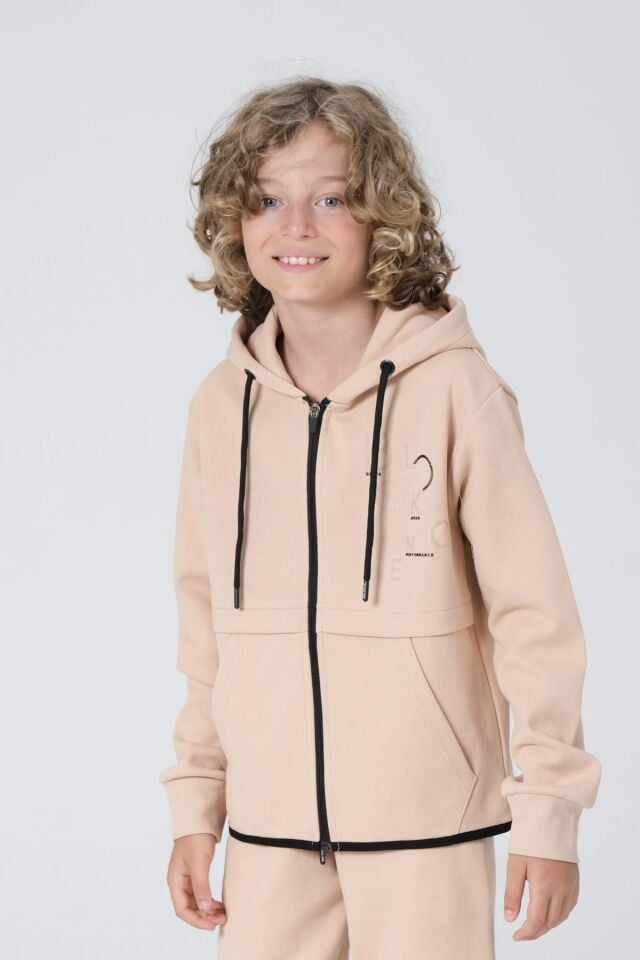 Black One Erkek Çocuk Pike Kumaş Fermuarlı Kapüşonlu Baskı Detaylı Çift Cep Eşofman Takımı 11-12 Yaş - BEJ