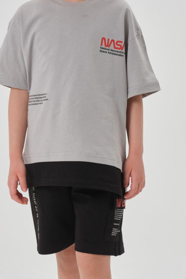 SÜPREM KUMAŞTAN YAZLIK BASKI DETAYLI CEPLİ KORDONLU KIZ ÇOCUK ALT ÜST TAKIM GRİ - 5-6 Yaş