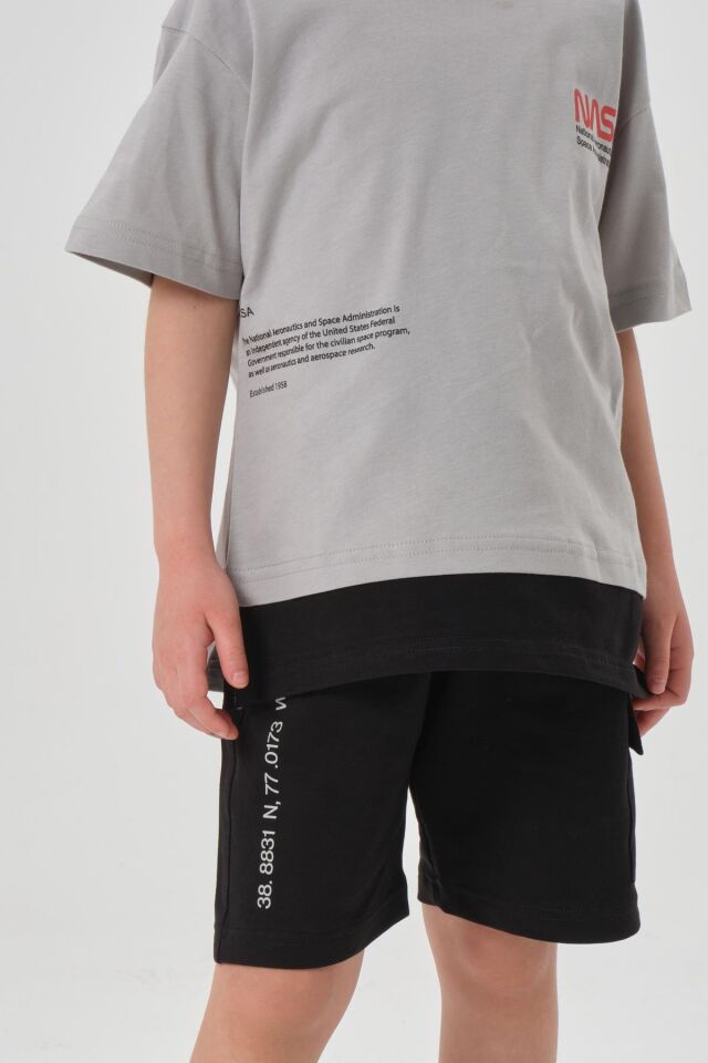 SÜPREM KUMAŞTAN YAZLIK BASKI DETAYLI CEPLİ KORDONLU KIZ ÇOCUK ALT ÜST TAKIM GRİ - 5-6 Yaş