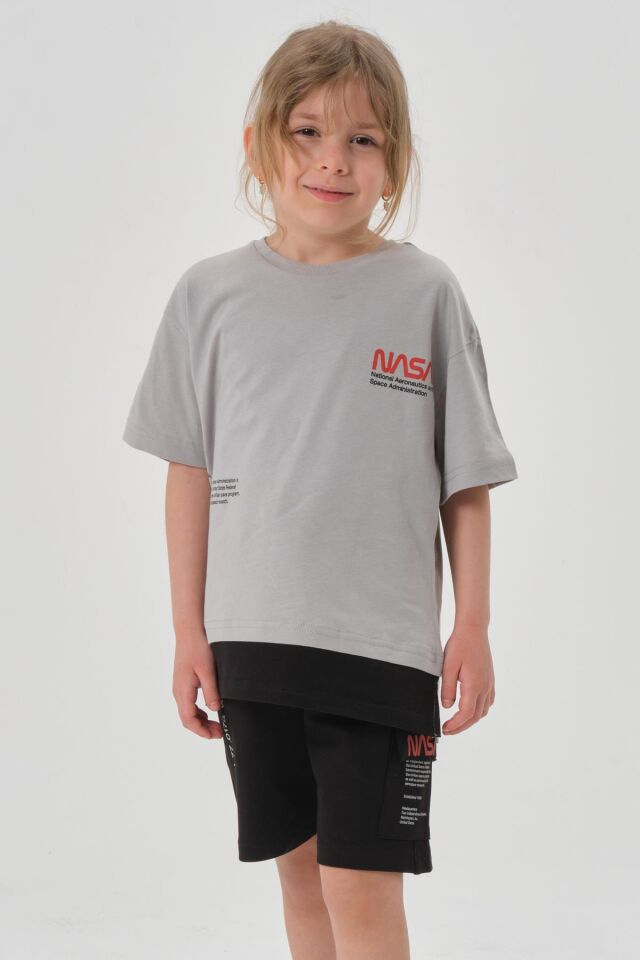 SÜPREM KUMAŞTAN YAZLIK BASKI DETAYLI CEPLİ KORDONLU KIZ ÇOCUK ALT ÜST TAKIM GRİ - 5-6 Yaş