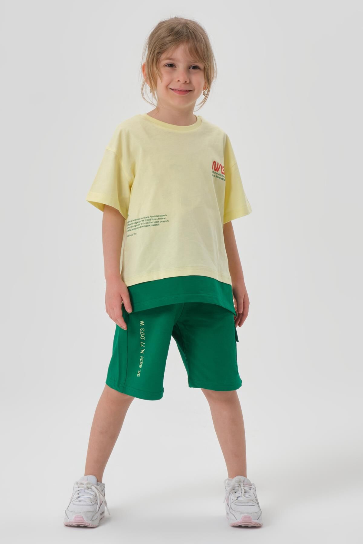 SÜPREM KUMAŞTAN YAZLIK BASKI DETAYLI CEPLİ KORDONLU KIZ ÇOCUK ALT ÜST TAKIM SARI - 2-3 Yaş