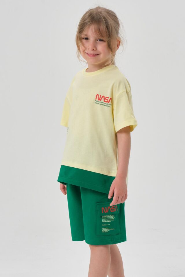 SÜPREM KUMAŞTAN YAZLIK BASKI DETAYLI CEPLİ KORDONLU KIZ ÇOCUK ALT ÜST TAKIM SARI - 2-3 Yaş