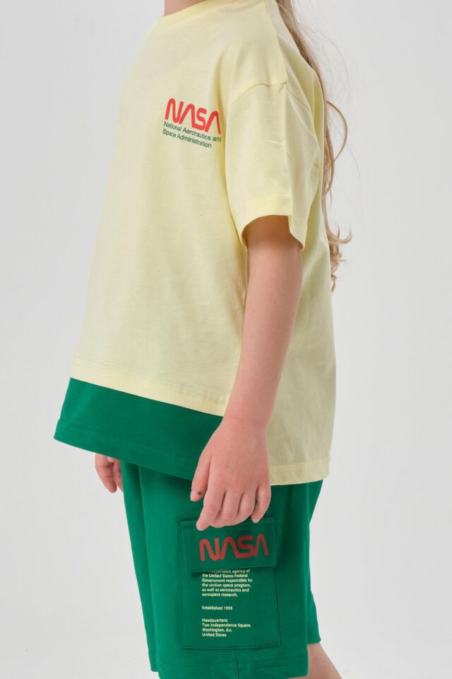 SÜPREM KUMAŞTAN YAZLIK BASKI DETAYLI CEPLİ KORDONLU KIZ ÇOCUK ALT ÜST TAKIM SARI - 2-3 Yaş