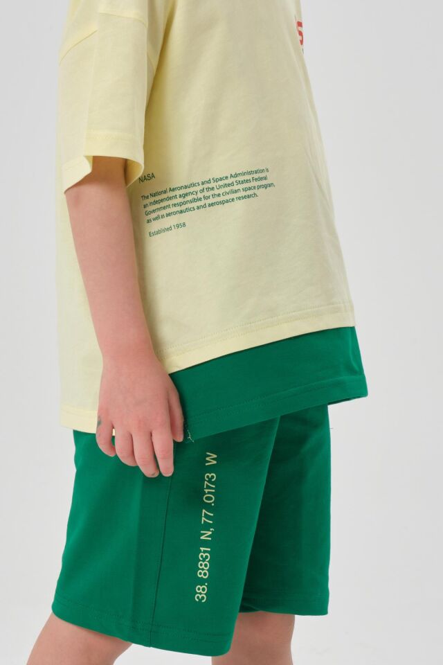 SÜPREM KUMAŞTAN YAZLIK BASKI DETAYLI CEPLİ KORDONLU KIZ ÇOCUK ALT ÜST TAKIM SARI - 2-3 Yaş