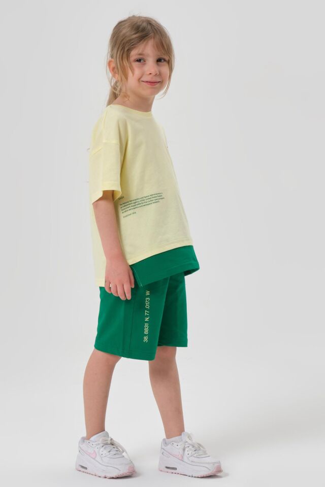 SÜPREM KUMAŞTAN YAZLIK BASKI DETAYLI CEPLİ KORDONLU KIZ ÇOCUK ALT ÜST TAKIM SARI - 2-3 Yaş