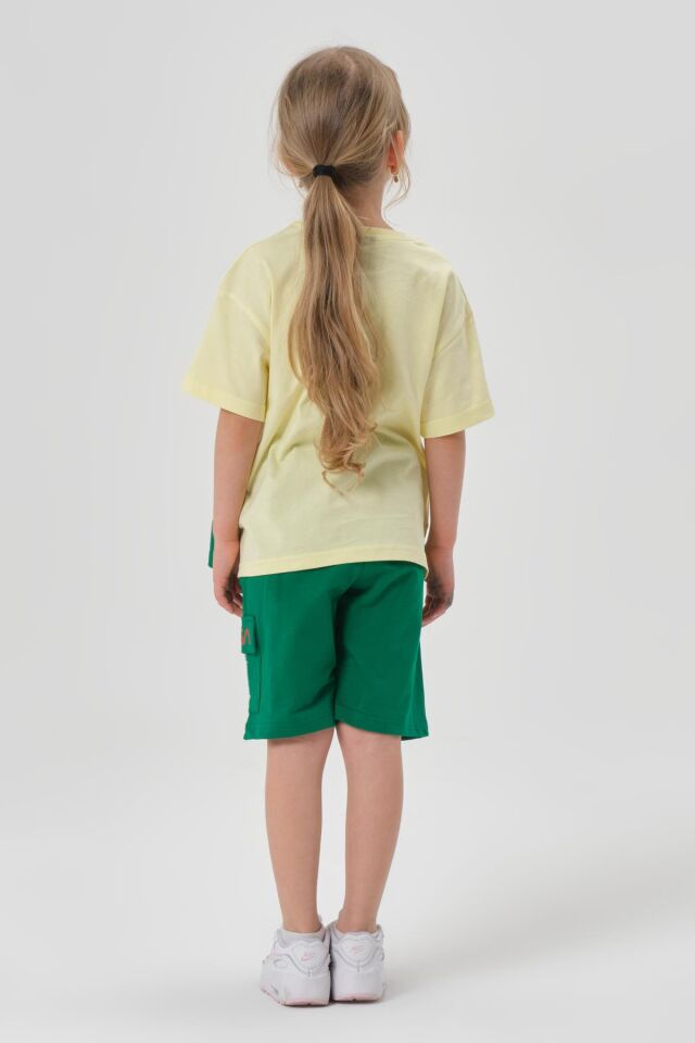 SÜPREM KUMAŞTAN YAZLIK BASKI DETAYLI CEPLİ KORDONLU KIZ ÇOCUK ALT ÜST TAKIM SARI - 2-3 Yaş