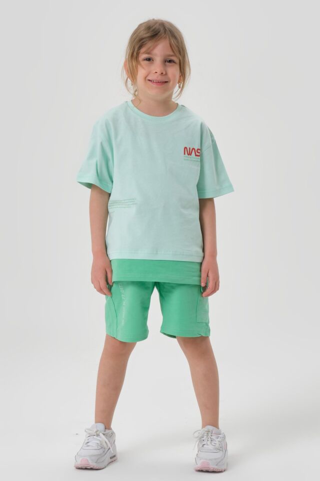 SÜPREM KUMAŞTAN YAZLIK BASKI DETAYLI CEPLİ KORDONLU KIZ ÇOCUK ALT ÜST TAKIM MİNT YEŞİLİ - 2-3 Yaş