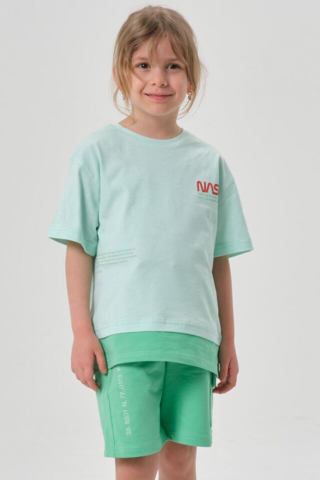 SÜPREM KUMAŞTAN YAZLIK BASKI DETAYLI CEPLİ KORDONLU KIZ ÇOCUK ALT ÜST TAKIM MİNT YEŞİLİ - 2-3 Yaş