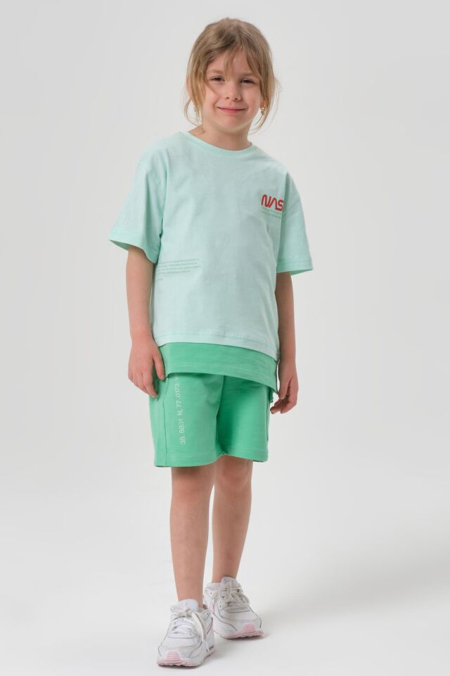 SÜPREM KUMAŞTAN YAZLIK BASKI DETAYLI CEPLİ KORDONLU KIZ ÇOCUK ALT ÜST TAKIM MİNT YEŞİLİ - 2-3 Yaş