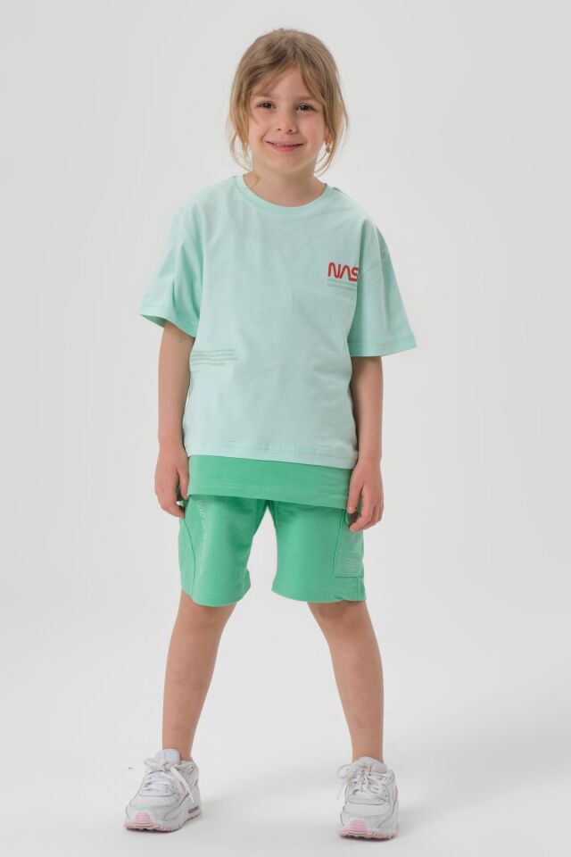 SÜPREM KUMAŞTAN YAZLIK BASKI DETAYLI CEPLİ KORDONLU KIZ ÇOCUK ALT ÜST TAKIM MİNT YEŞİLİ - 2-3 Yaş