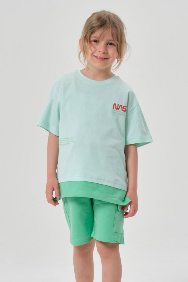 SÜPREM KUMAŞTAN YAZLIK BASKI DETAYLI CEPLİ KORDONLU KIZ ÇOCUK ALT ÜST TAKIM MİNT YEŞİLİ - 2-3 Yaş