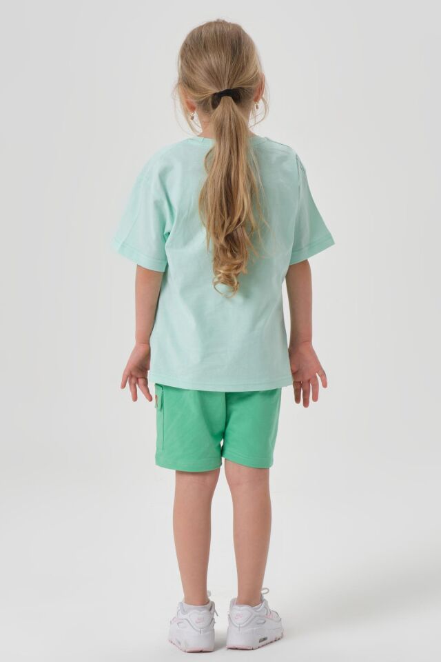 SÜPREM KUMAŞTAN YAZLIK BASKI DETAYLI CEPLİ KORDONLU KIZ ÇOCUK ALT ÜST TAKIM MİNT YEŞİLİ - 2-3 Yaş