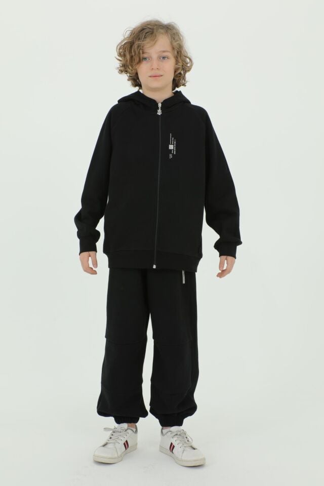 Kapüşonlu Baskı Detaylı Pike Kumaştan Erkek Çocuk Eşofman Takımı