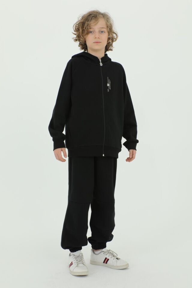 Kapüşonlu Baskı Detaylı Pike Kumaştan Erkek Çocuk Eşofman Takımı