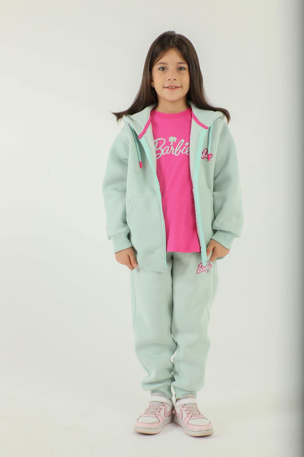 Kapüşonlu Barbie Baskı Detaylı 3 Lü Kız Çocuk Eşofman Takımı MİNT YEŞİLİ - 2-3 Yaş