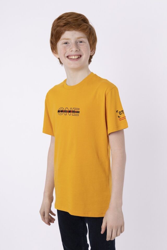 %100 PAMUK SÜPREM KUMAŞTAN ENJEKSİYON BASKILI ERKEK ÇOCUK T-SHIRT YAZLIK BİSİKLET YAKA BLACK ONE 11-12 Yaş - HARDAL