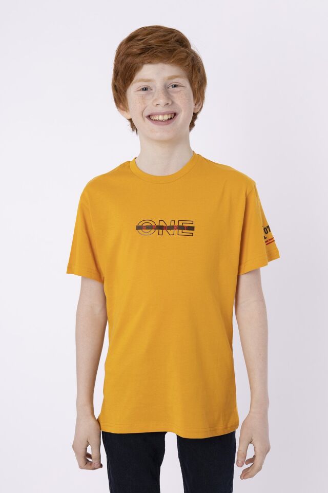 %100 PAMUK SÜPREM KUMAŞTAN ENJEKSİYON BASKILI ERKEK ÇOCUK T-SHIRT YAZLIK BİSİKLET YAKA BLACK ONE 11-12 Yaş - HARDAL