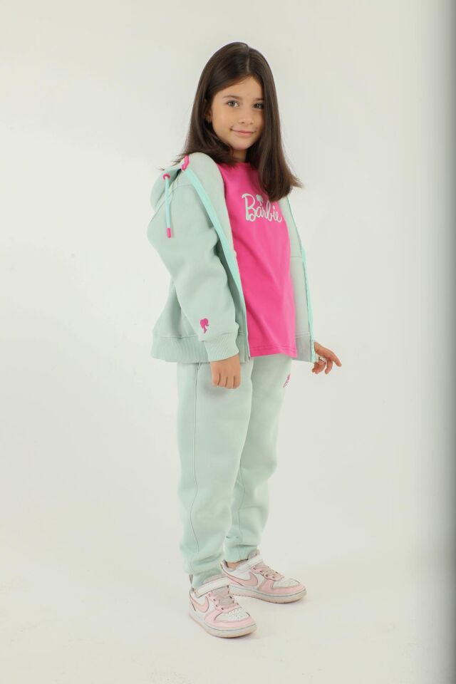 Kapüşonlu Barbie Baskı Detaylı 3 Lü Kız Çocuk Eşofman Takımı MİNT YEŞİLİ - 7-8 Yaş