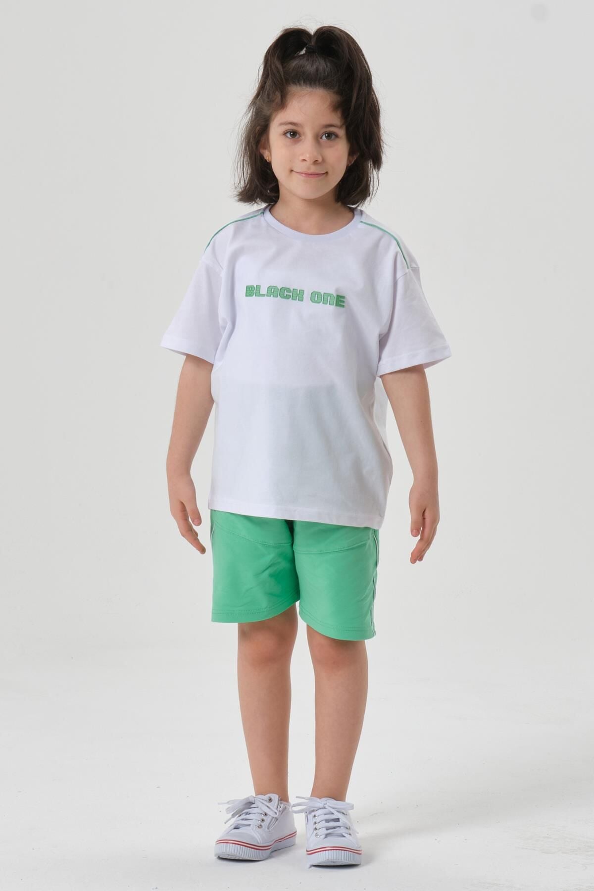 Bisiklet Yaka Baskılı Kız Çocuk T-shırt ve Şort Takımı