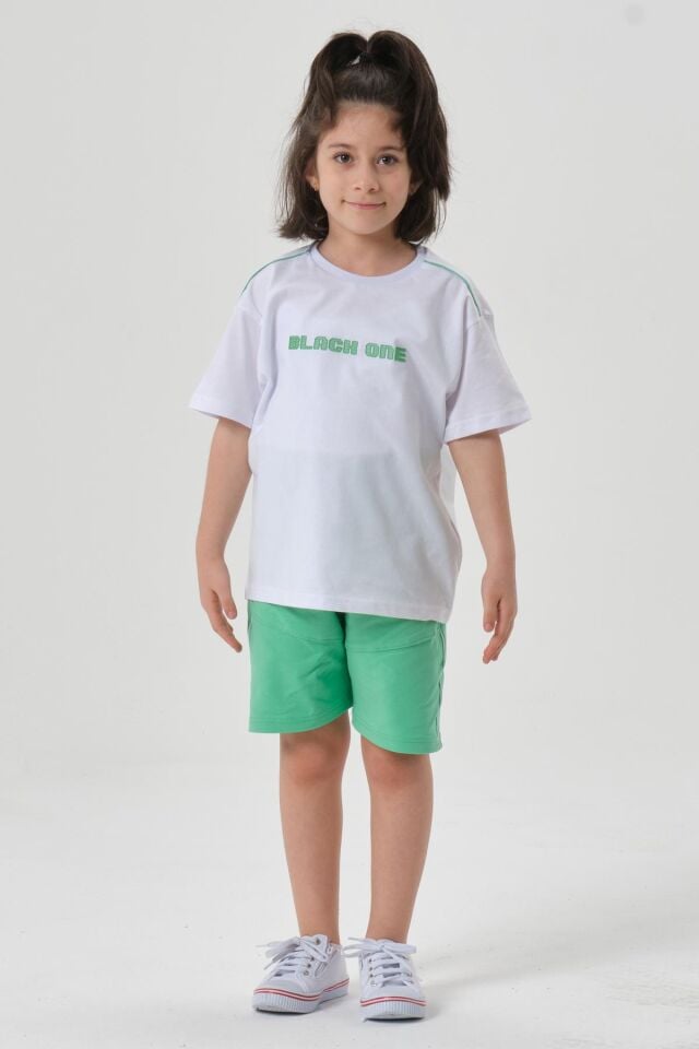 Bisiklet Yaka Baskılı Kız Çocuk T-shırt ve Şort Takımı