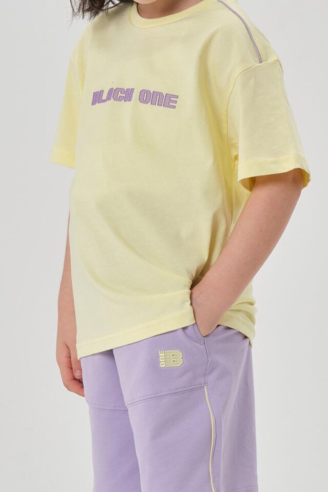 Bisiklet Yaka Baskılı Kız Çocuk T-shırt ve Şort Takımı